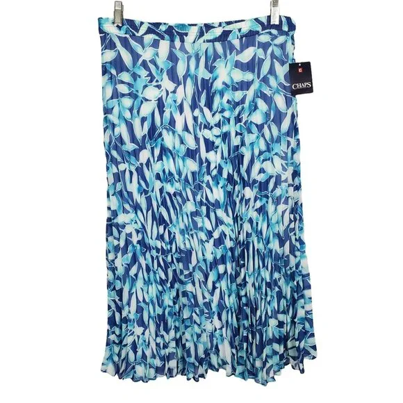 Chaps NWT Size L Skirt Pleated Crinkle Floral Chiffon Stretch Waist Lined Blue - Picture 1 of 5